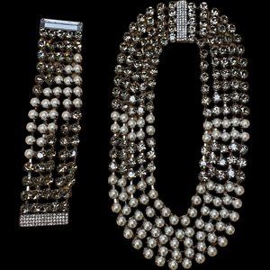 Caché Layered Necklace & Bracelet Set (Charcoal Metal, Faux Pearl, Faux Diamond)